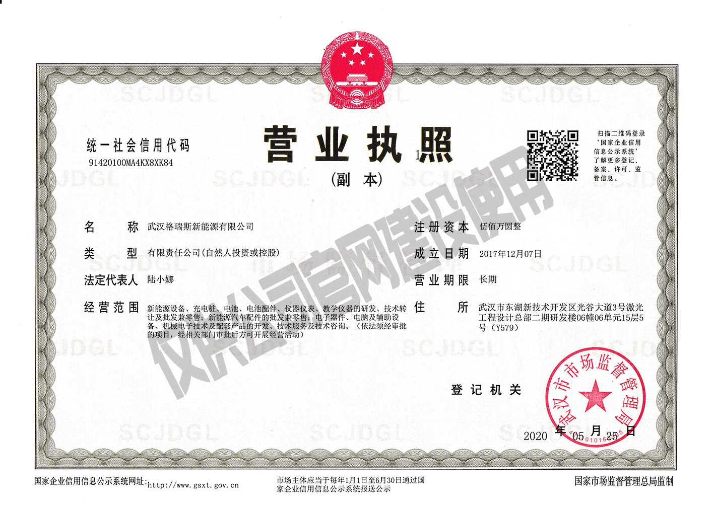 武汉格瑞斯新能源有限公司营业执照副本